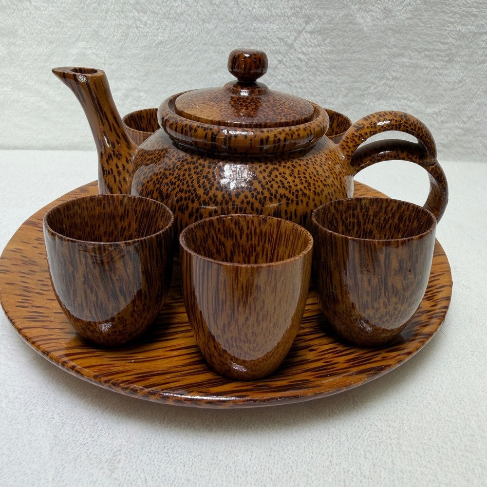 VTG Doll House Coconut Shell Tea Set Teapot 6 Cups Serving Tray Kids Playhouse